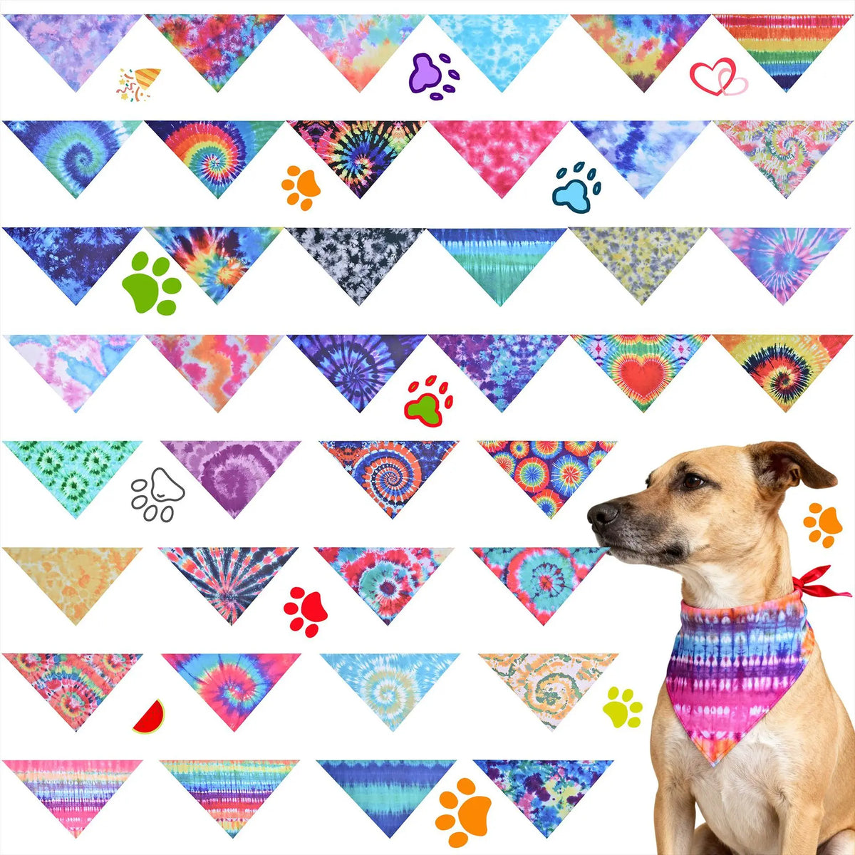 A collection of colorful tie-dye fabric triangles featuring paw prints and hearts for dog accessories.