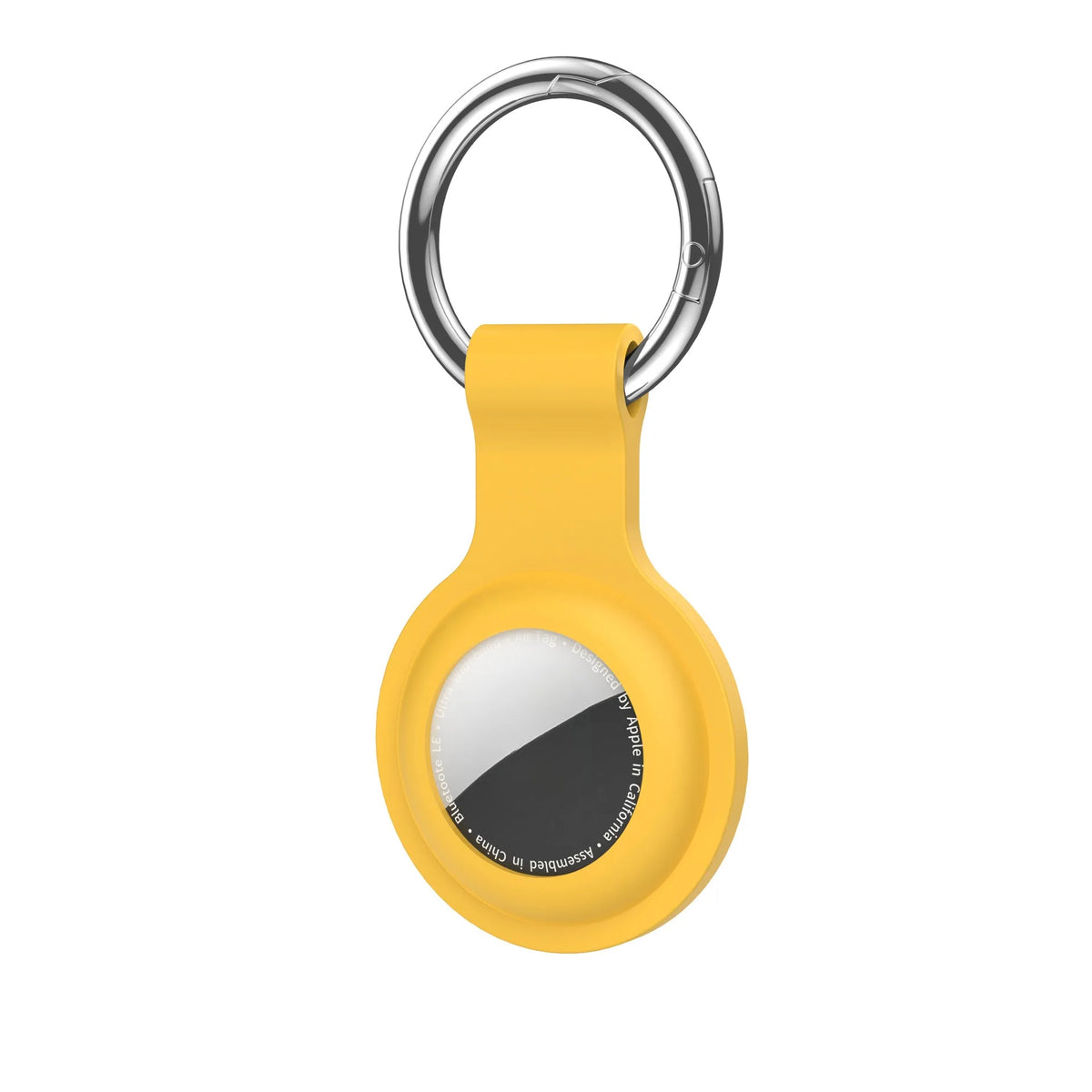 Yellow silicone protective cover for an AirTag with a silver keyring.