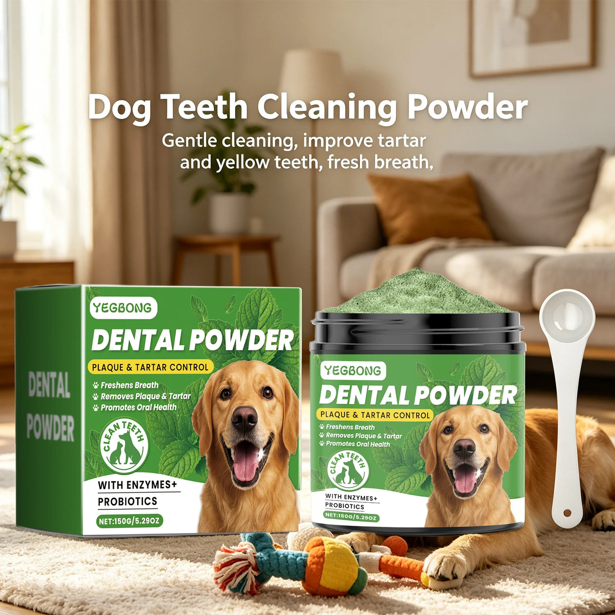 Box of Yegbong Dental Powder for dogs with enzymes and probiotics next to a white spoon.