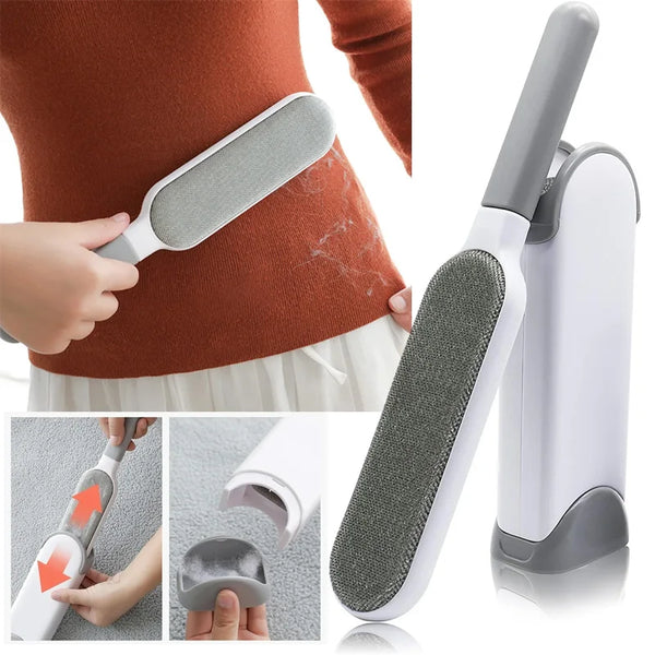 A reusable lint remover brush is shown being used on a person's clothing, along with close-ups of the tool and its components