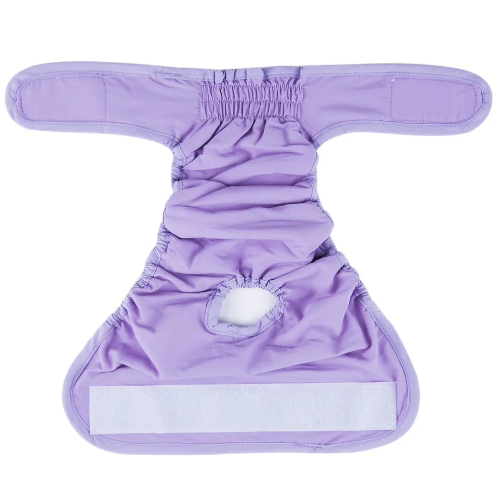Reusable purple female dog diapers with an adjustable fit and a flat bottom
