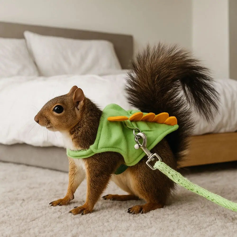 A brown squirrel wearing a bright green vest harness with orange accents sits on a light carpet.