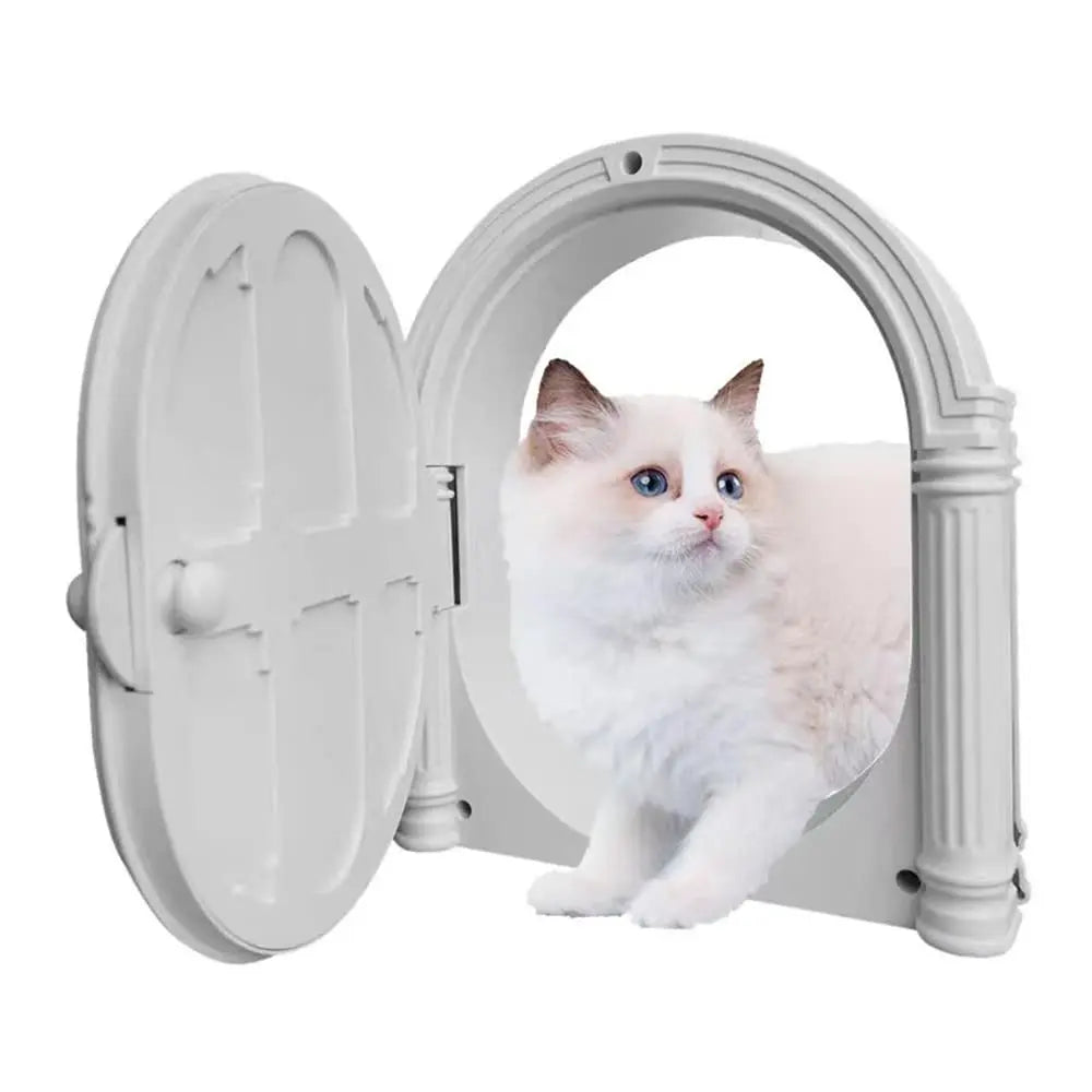 A white fluffy cat is visible through an arched pet door frame.