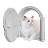 A white cat is visible through an arched pet door, which is part of a durable pet cat and dog door.