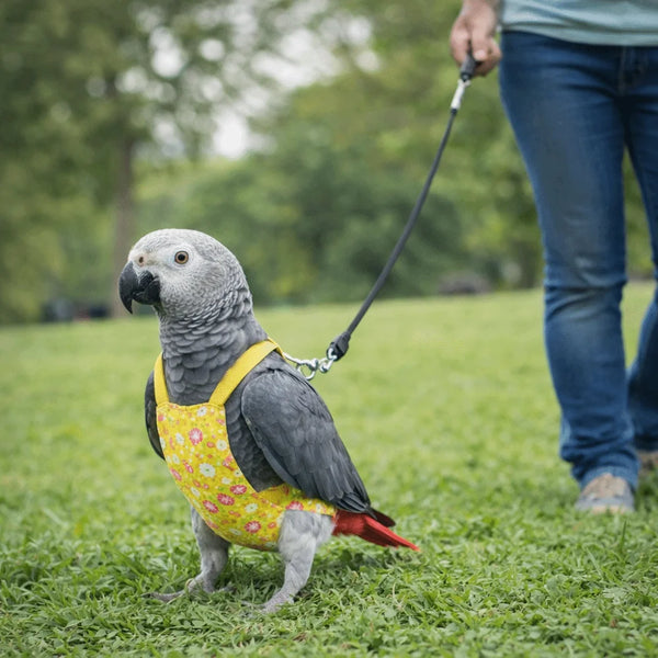 A gray pet parrot wearing a yellow floral flight suit and attached to a leash, standing on green grass.