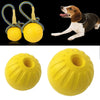 A brown and white dog is playing with a yellow rubber fetch ball.