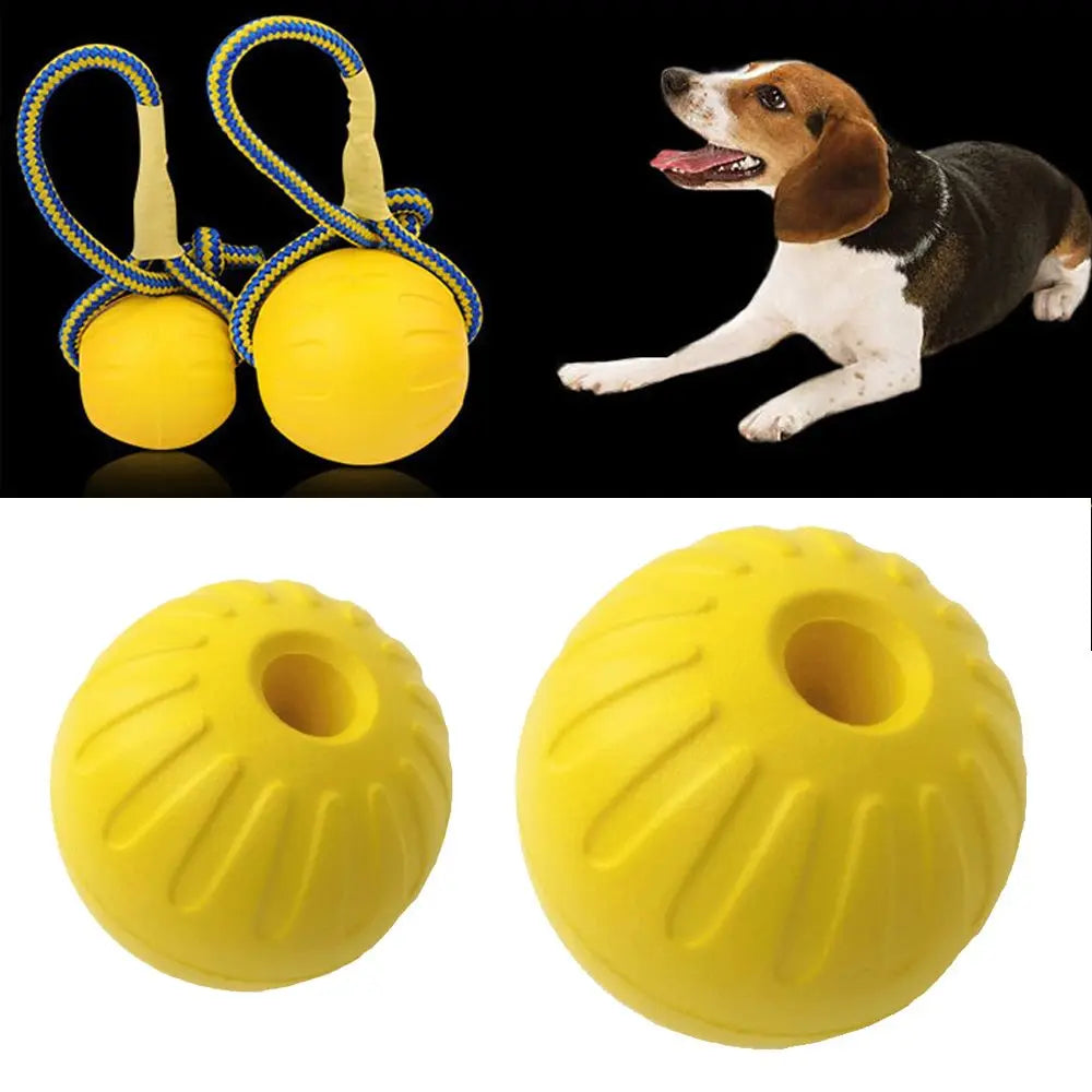 A brown and white dog is playing with a yellow rubber fetch ball.