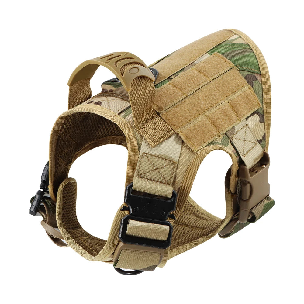 A heavy duty tactical dog harness with a padded vest and molli pouch system in tan camouflage.