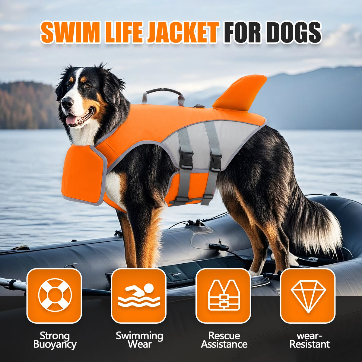 An orange dog swimming life jacket is shown on a dog in a boat, highlighting strong buoyancy and rescue assistance features.