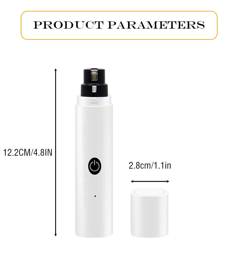 White rechargeable electric dog nail grinder with dimensions 12.2cm/4.8in and 2.8cm/1.1in.
