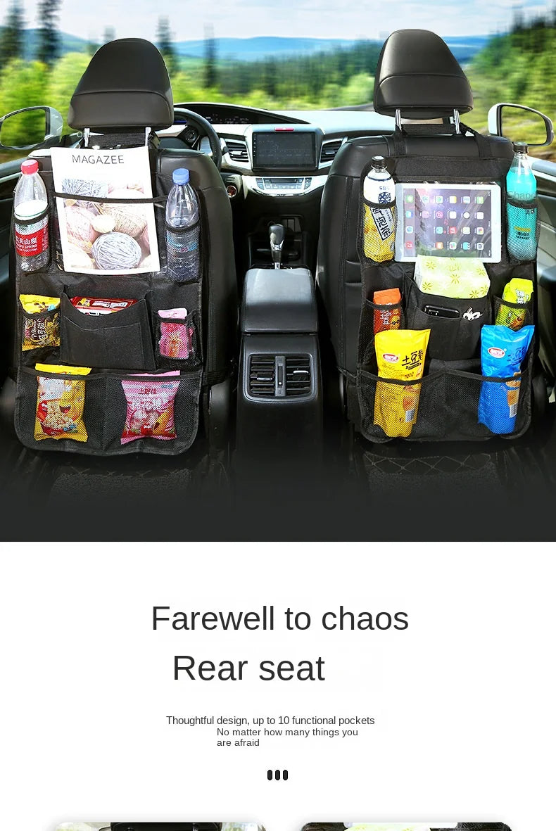 Car backseat organizer with storage pockets and a tablet holder for organizing items.