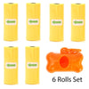A set of six yellow rolls for a reusable pet poop bag dispenser with an orange leash clip.