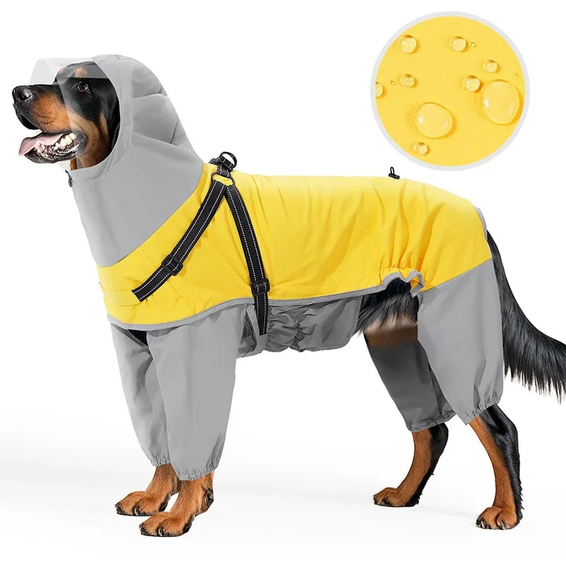 A dog wearing a yellow and gray reflective waterproof raincoat with a hood.