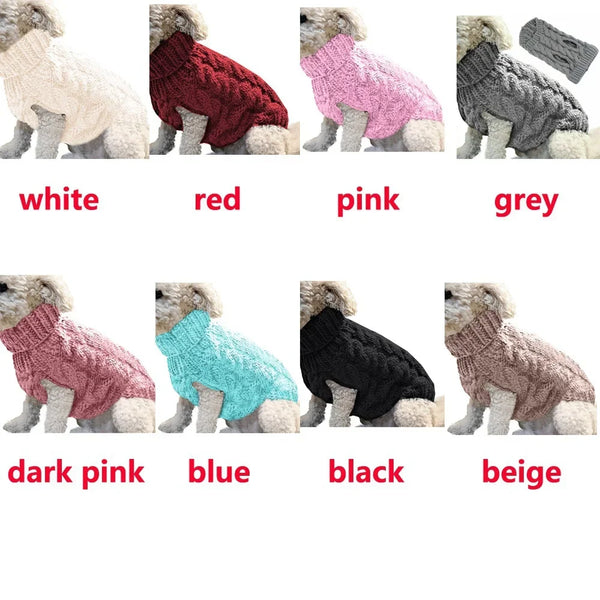 A collection of knitted sweaters for dogs and cats in various colors including white, red, pink, grey, dark pink, blue, black