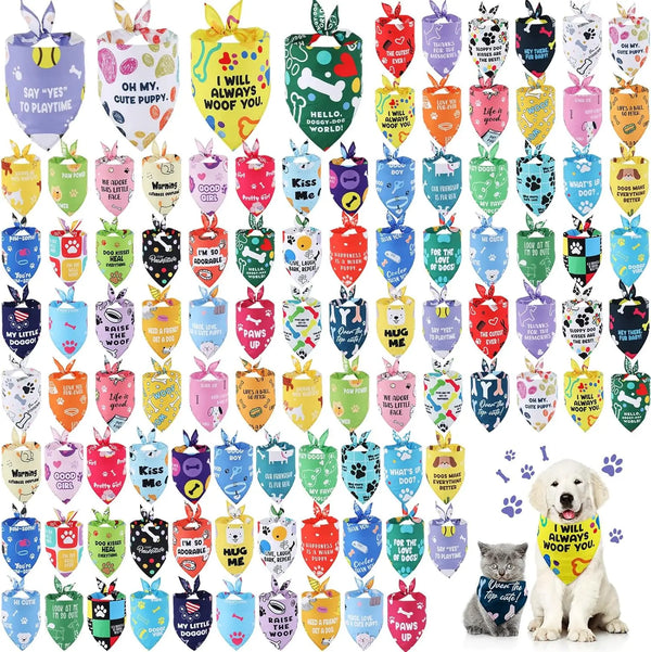 A collection of 100 dog and cat bandanas in various colors and designs