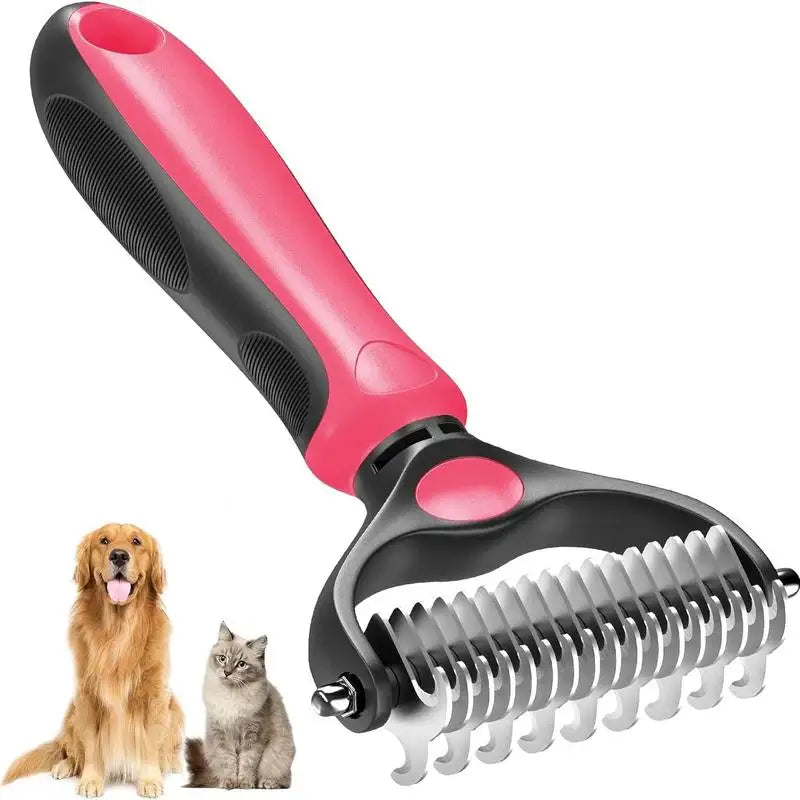 A pink and black pet deshedding brush with a stainless steel comb shown next to a golden dog.