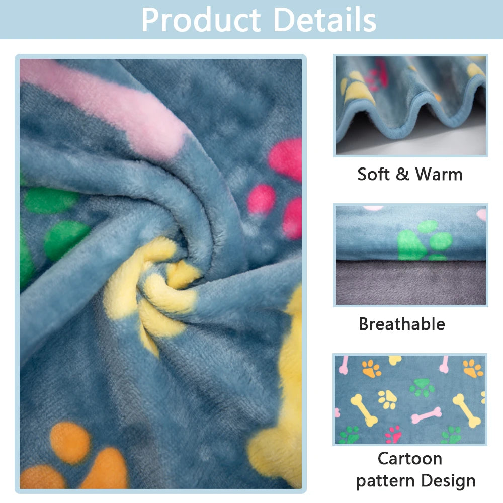 A close-up of a blue and purple faux fur dog blanket showing cartoon animal patterns.