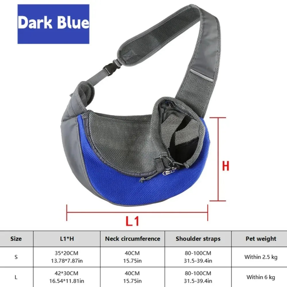 Dark blue pet carrier sling bag for dogs and cats with size options S and L