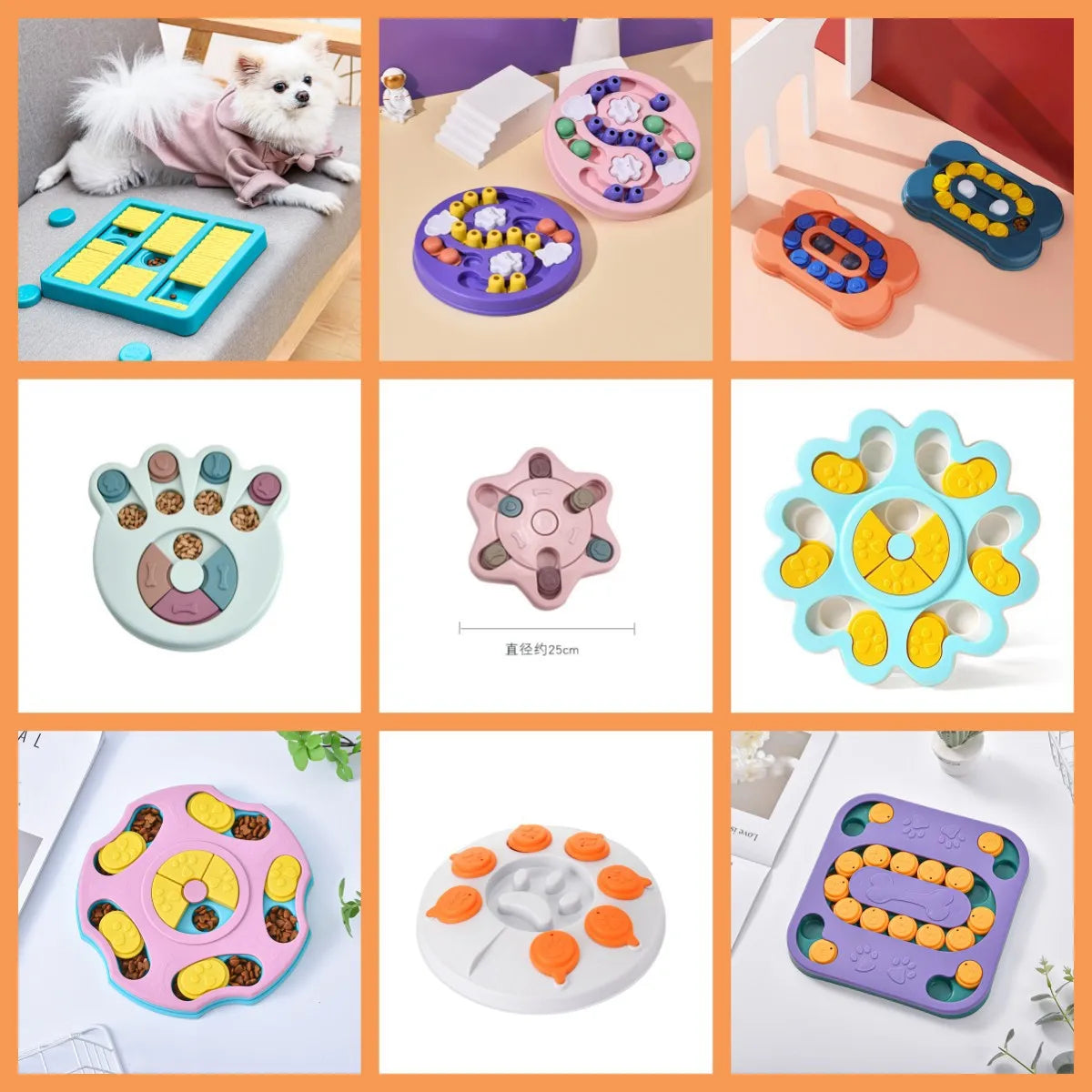 Verschiedene Silikon-Hundfutter-Puzzles in rosa, blau und grün zum langsamen Fressen trainieren.