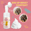 A bottle of Paw Cleaner foam for pets with a white foam blob and close-ups of paw prints.