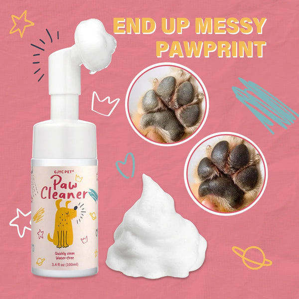 Botella de limpiador para patas de Paw Cleaner para mascotas con espuma blanca y primeros planos de huellas de pata.