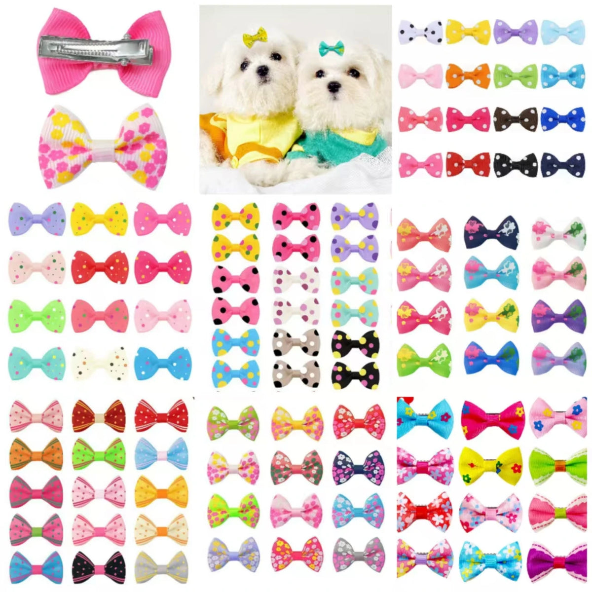 Colección de clips y lazos de pelo de mascotas de varios colores y patrones para el aseo de perros y gatos.