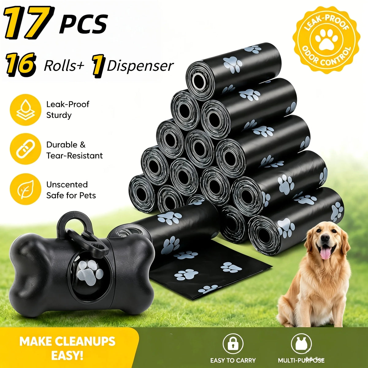 A stack of 17 rolls of black dog waste bags and a dispenser are shown on green grass with a golden retriever.