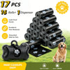 A stack of 17 rolls of black dog waste bags and a dispenser are shown on green grass with a golden retriever.