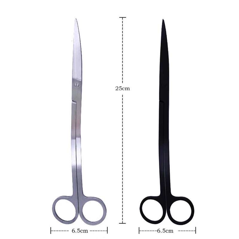 Stainless steel aquarium cleaning tool set featuring two pairs of scissors with handles and blades