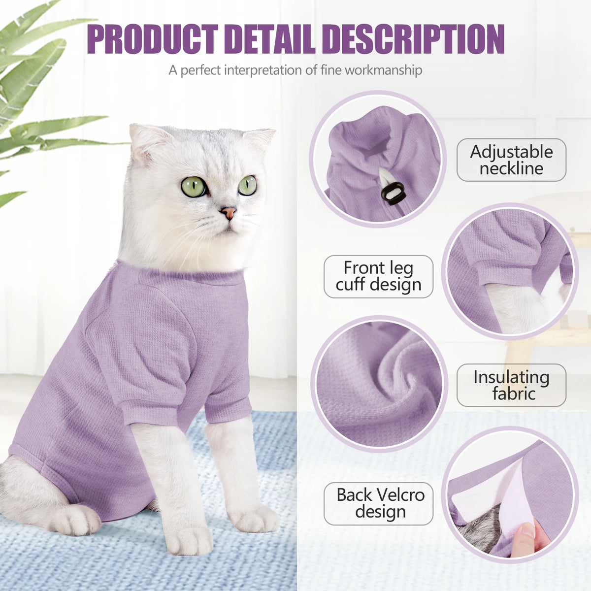A purple knitted vest with an adjustable neckline and front leg cuff design for a cat