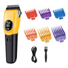 A yellow cordless pet grooming clipper with various colored precision blades and accessories.