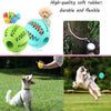 A green rubber ball and a blue ball are shown next to a treat-dispensing ball for dogs.