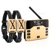 A gold-colored dual function dog training collar with a remote trainer and an electric fence feature.