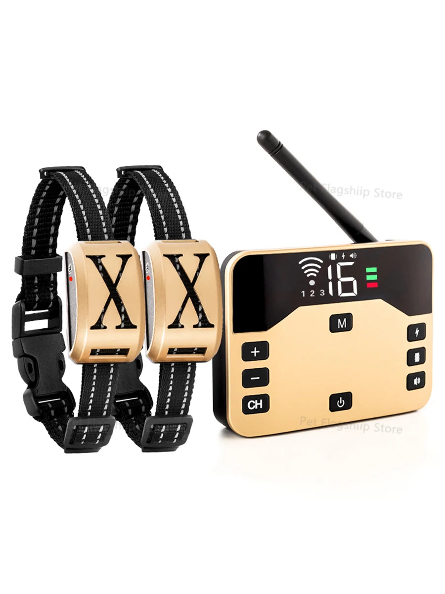 A gold-colored dual function dog training collar with a remote trainer and an electric fence feature.