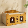 A wooden cat scratcher house and lounge bed with arched openings for climbing and resting.