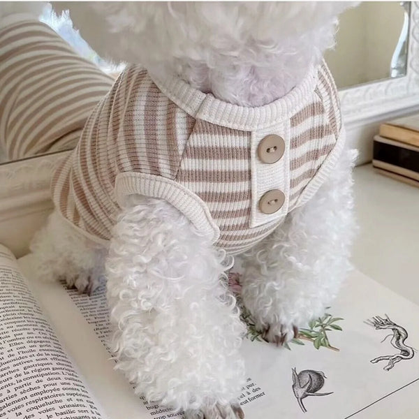 A fluffy white dog wearing a beige and white striped waffle knit tank top with buttons.
