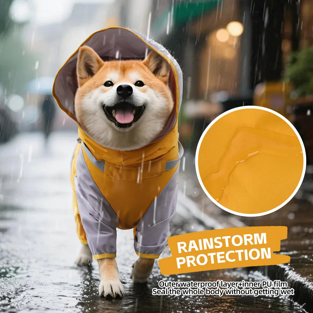 Un Shiba Inu peludo vistiendo un impermeable amarillo caminando bajo la lluvia, demostrando protección contra la tormenta.