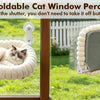 A fluffy cat is resting in a beige fabric window perch hammock installed in a window with suction cups.