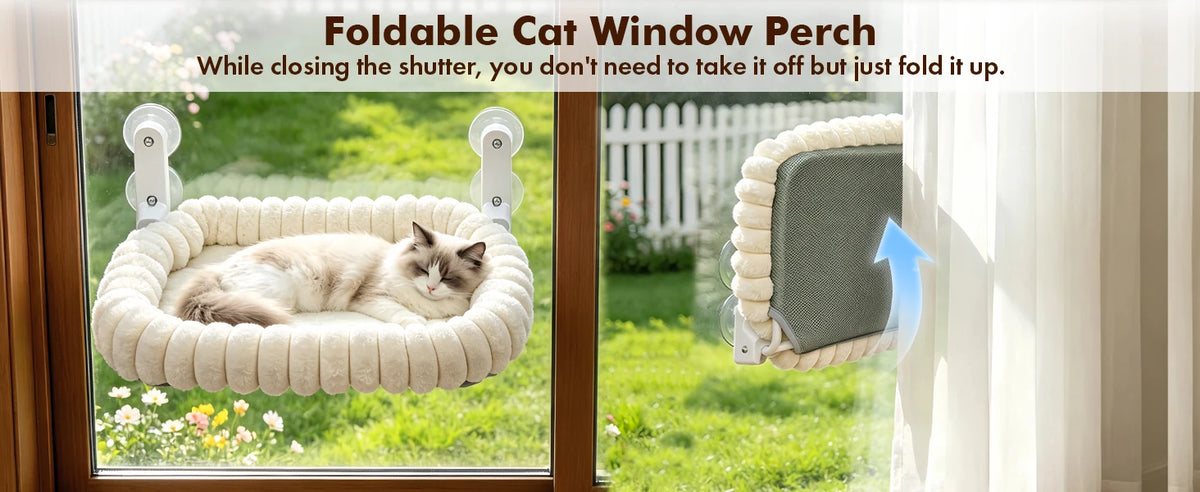 A fluffy cat is resting in a beige fabric window perch hammock installed in a window with suction cups.