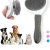 A white pet hair remover grooming brush with a silicone mesh head is shown next to several dogs and a cat.