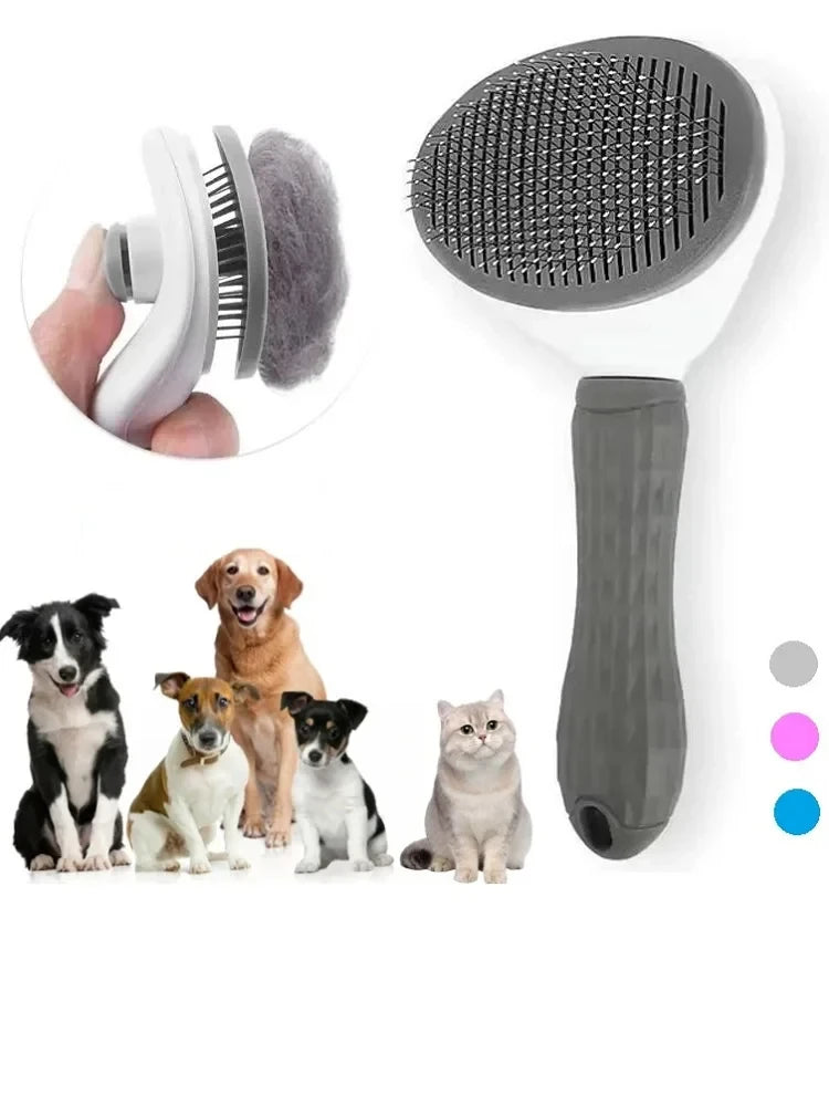A white pet hair remover grooming brush with a silicone mesh head is shown next to several dogs and a cat.