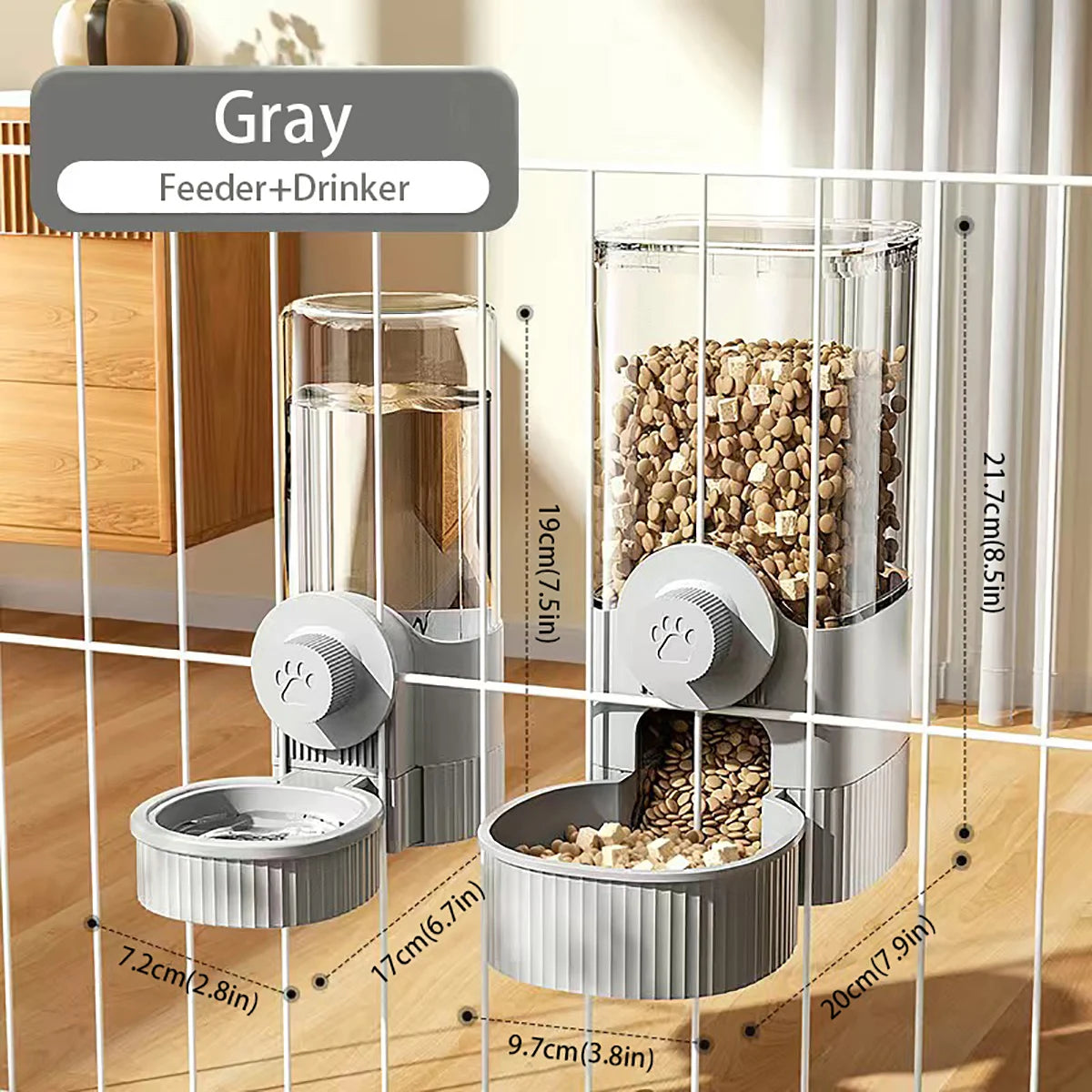 Bol distributeur automatique pour animaux gris avec diverses compartiments de nourriture et une base.