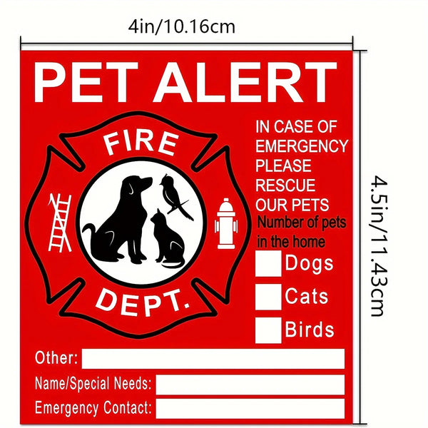 Red window sticker labeled PET ALERT with space for emergency contact information and pet details.