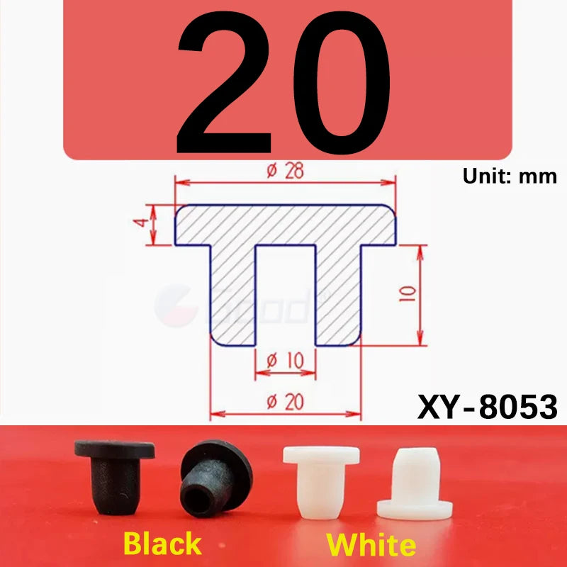 A set of silicone rubber hole plugs in black and white, with a dimension of 20 mm.