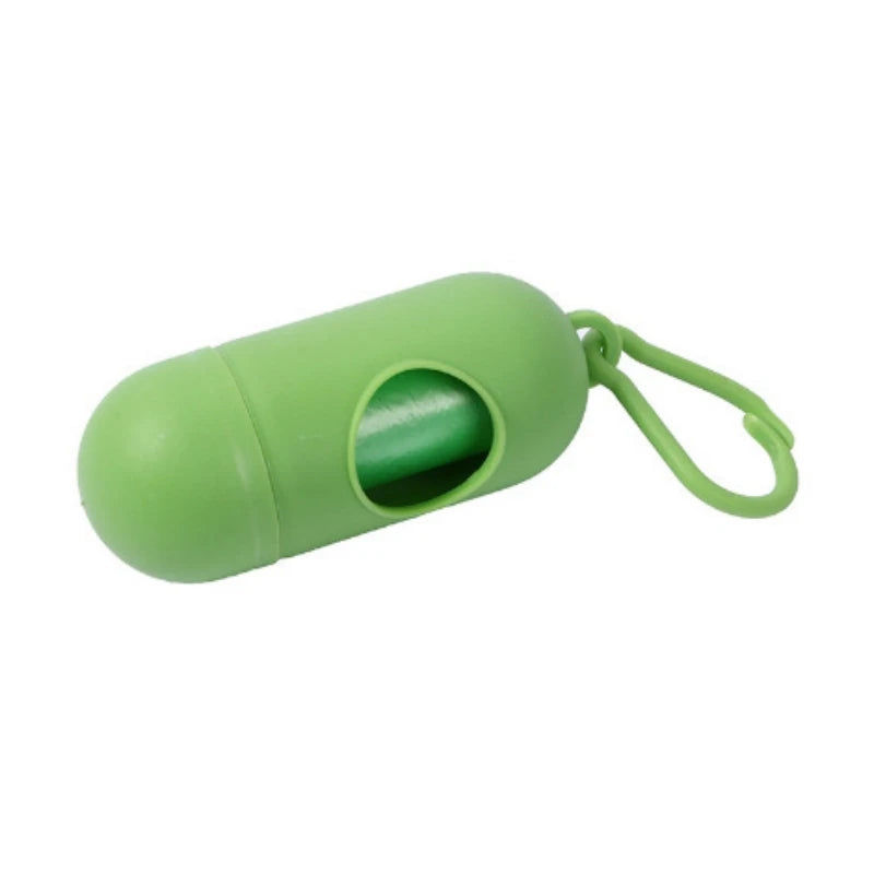 A lime green capsule-shaped dog poop bag dispenser with a carabiner clip.