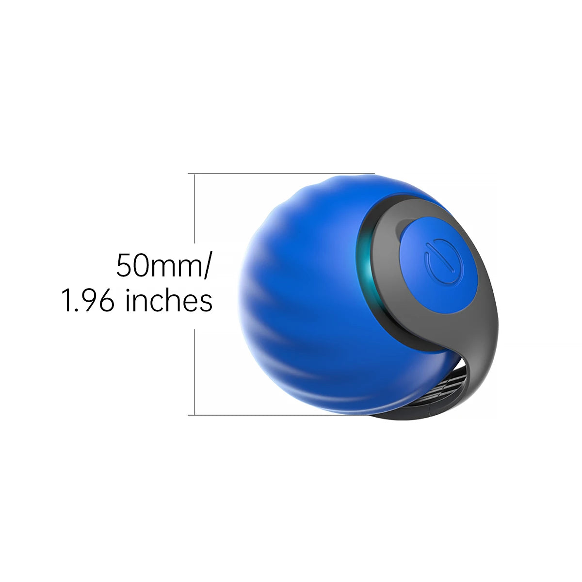 A blue interactive automatic cat toy ball with a black top, shown from the side.