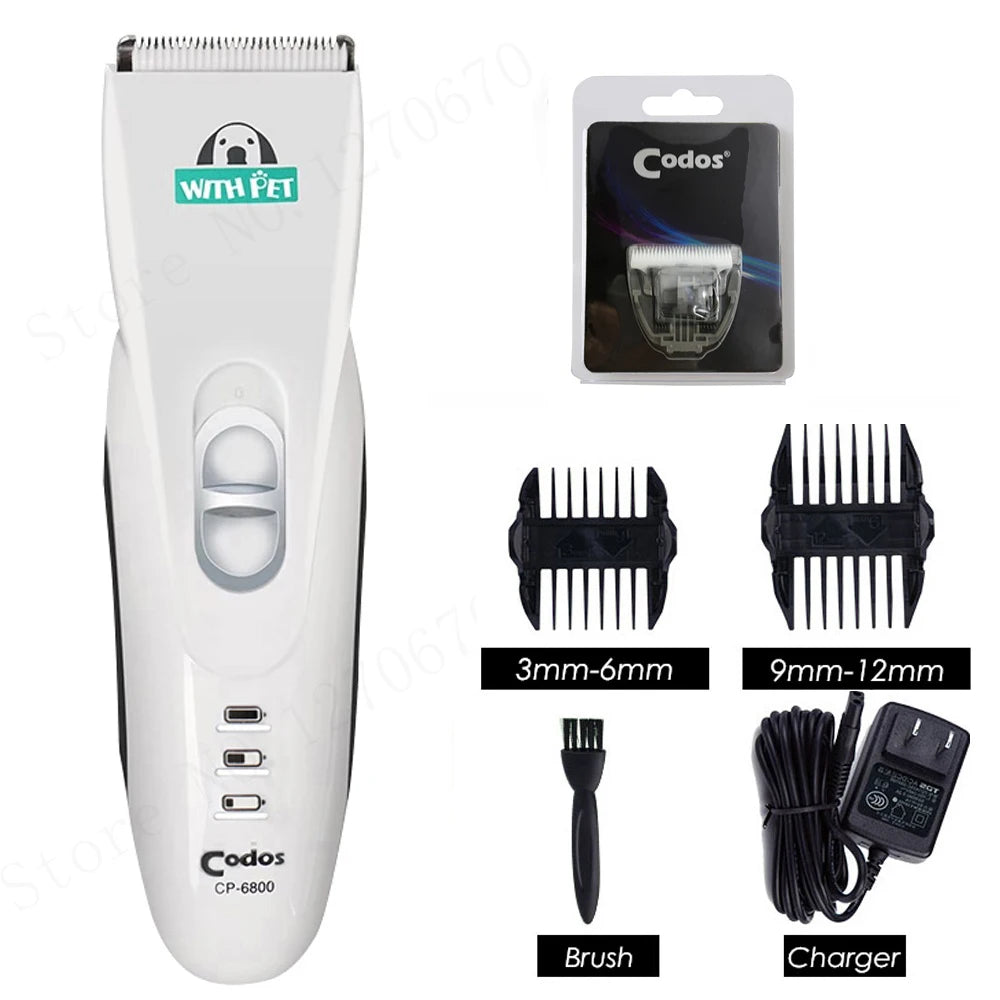 Weiher Codos Tierhaar-Trimmer mit verschiedenen Aufsätzen wie Kämme, Bürste und Ladegerät.