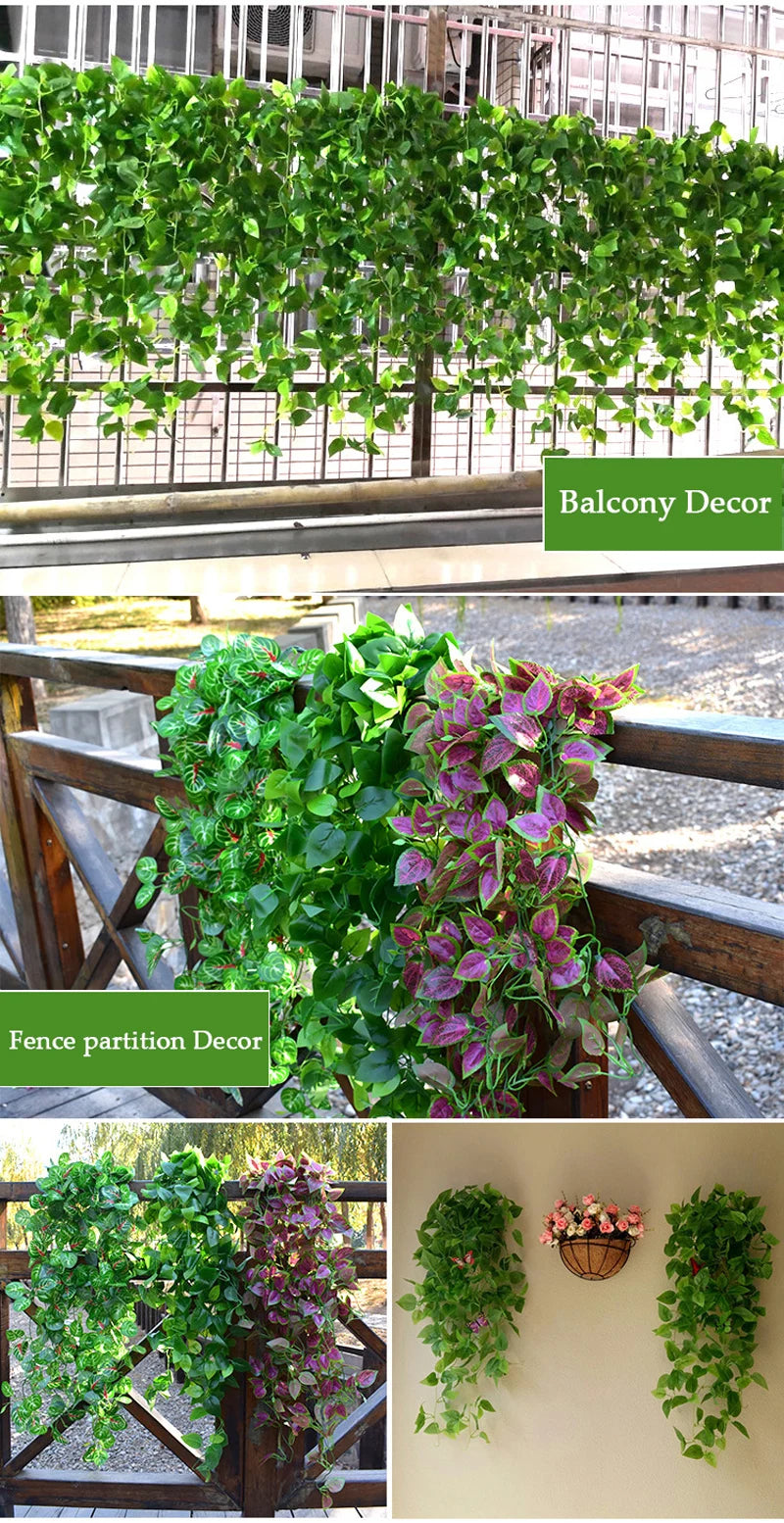 A display of artificial green ivy and purple foliage used for balcony and fence partition decor.