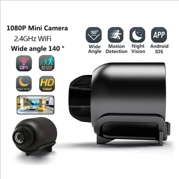 A black 1080P mini security camera with a lens and various feature icons displayed around it.