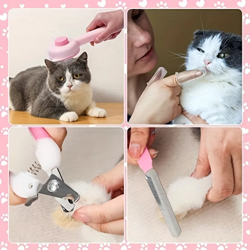 Un juego de herramientas para el aseo de mascotas, incluyendo un cepillo rosa, tijeras y un peine, siendo usadas en un gato.
